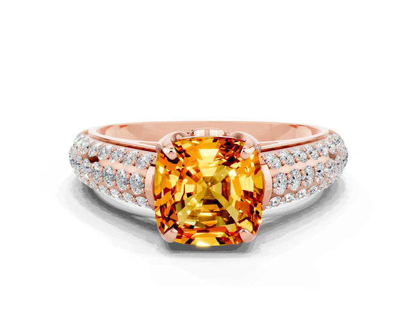 Rose gold Cushion Cut Citrine Solitaire Ring with Three-Row Pavé Band and Four-Prong Setting
