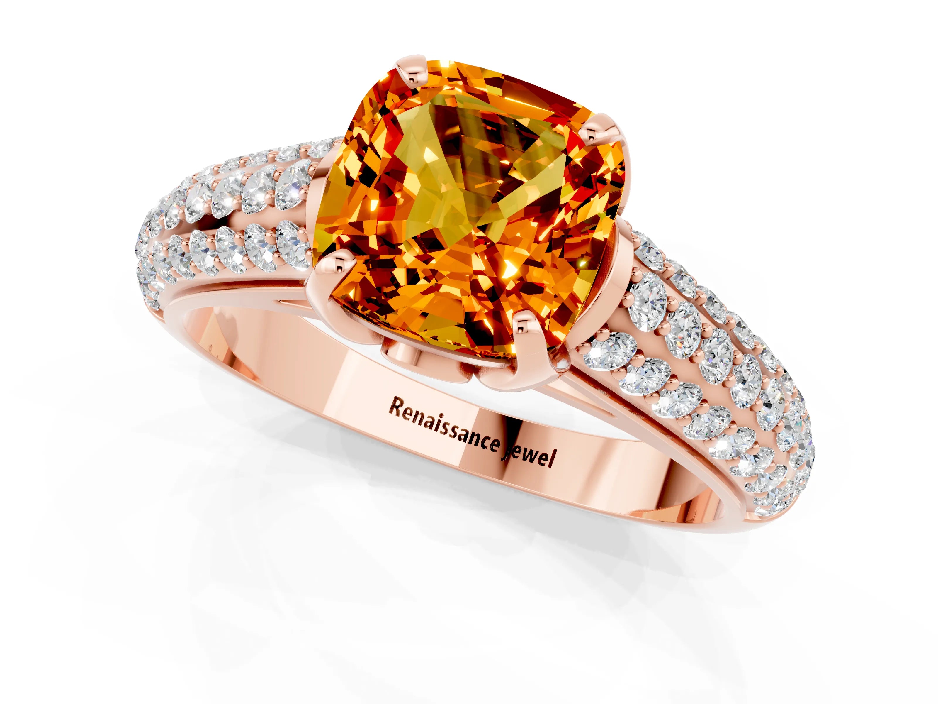 Rose gold Cushion Cut Citrine Solitaire Ring with Three-Row Pavé Band and Four-Prong Setting_13