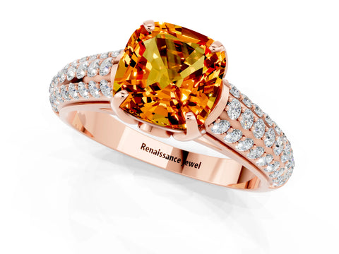 Rose gold Cushion Cut Citrine Solitaire Ring with Three-Row Pavé Band and Four-Prong Setting_13