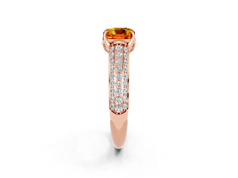 Rose gold Cushion Cut Citrine Solitaire Ring with Three-Row Pavé Band and Four-Prong Setting_14