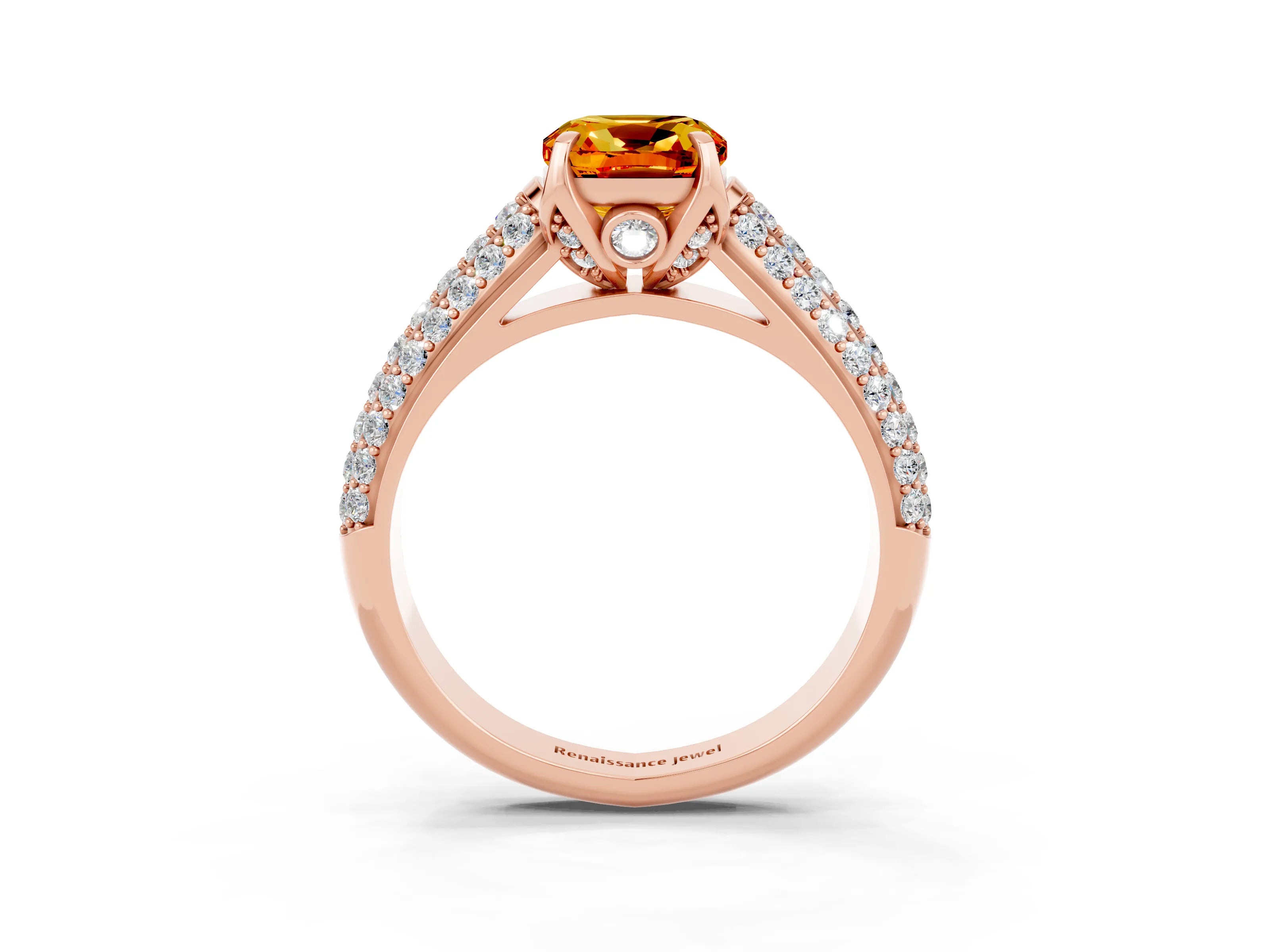 Rose gold Cushion Cut Citrine Solitaire Ring with Three-Row Pavé Band and Four-Prong Setting_15