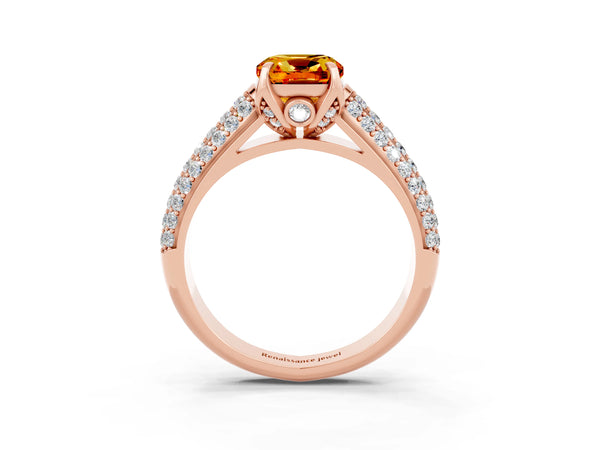 Rose gold Cushion Cut Citrine Solitaire Ring with Three-Row Pavé Band and Four-Prong Setting