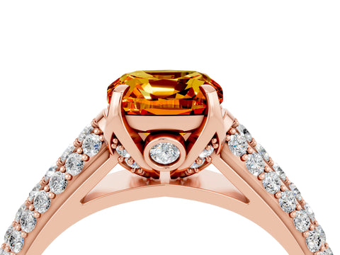 Rose gold Cushion Cut Citrine Solitaire Ring with Three-Row Pavé Band and Four-Prong Setting_16