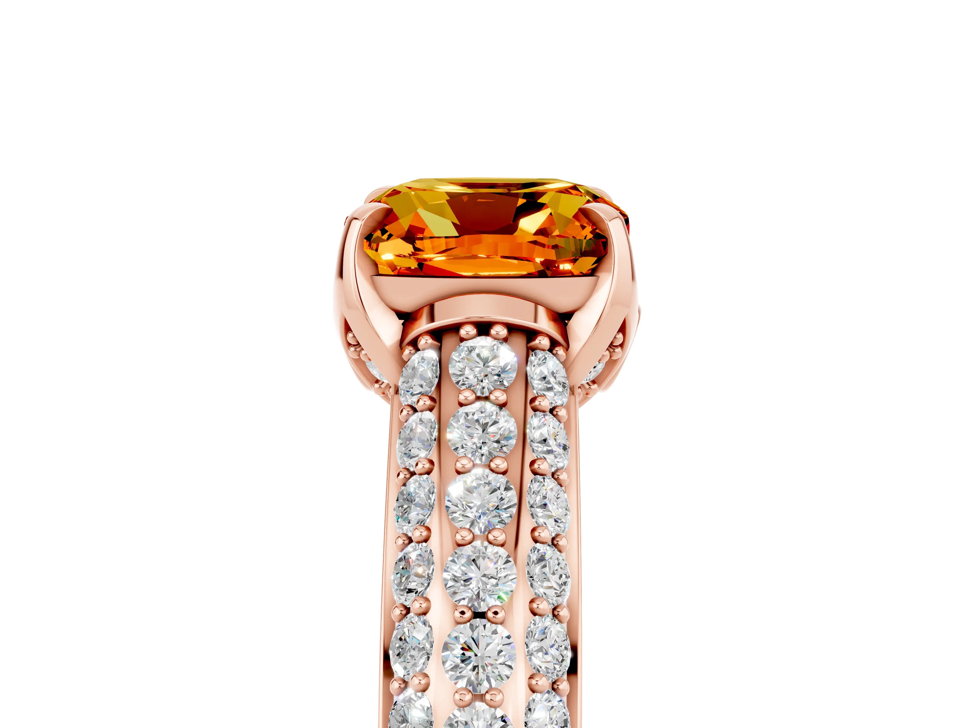 Rose gold Cushion Cut Citrine Solitaire Ring with Three-Row Pavé Band and Four-Prong Setting_17