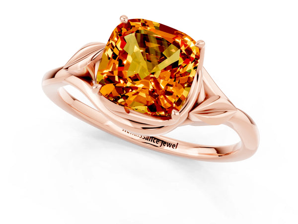 Rose gold Cushion Cut Citrine Solitaire Ring with Twist Band and Four-Prong Setting