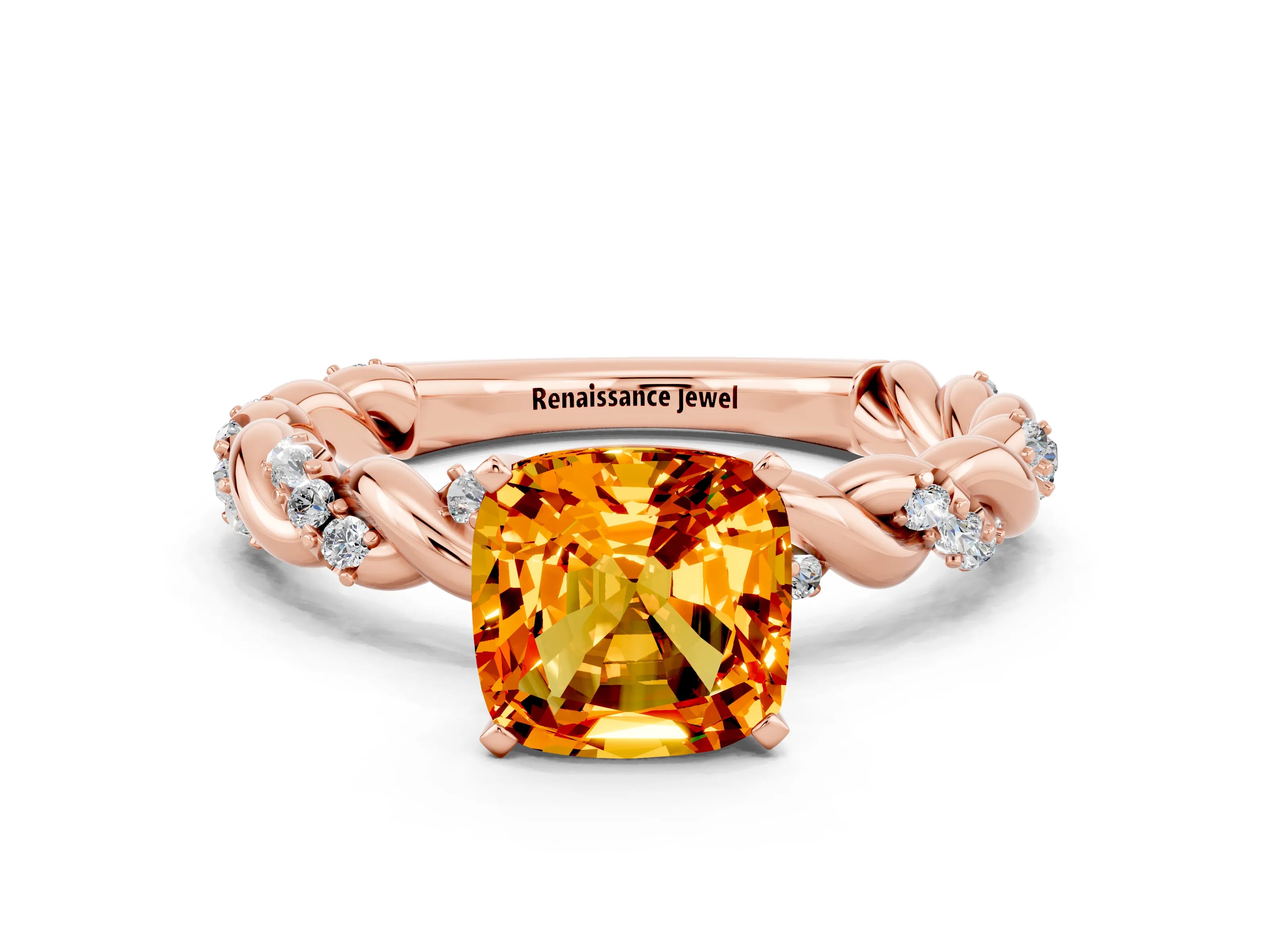 Rose gold Cushion Cut Citrine Solitaire Ring with Twisted Band and Pavé Accents