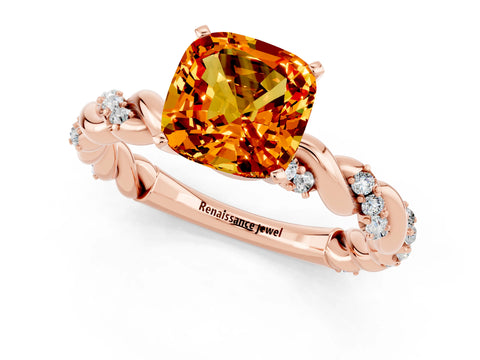 Rose gold Cushion Cut Citrine Solitaire Ring with Twisted Band and Pavé Accents_1