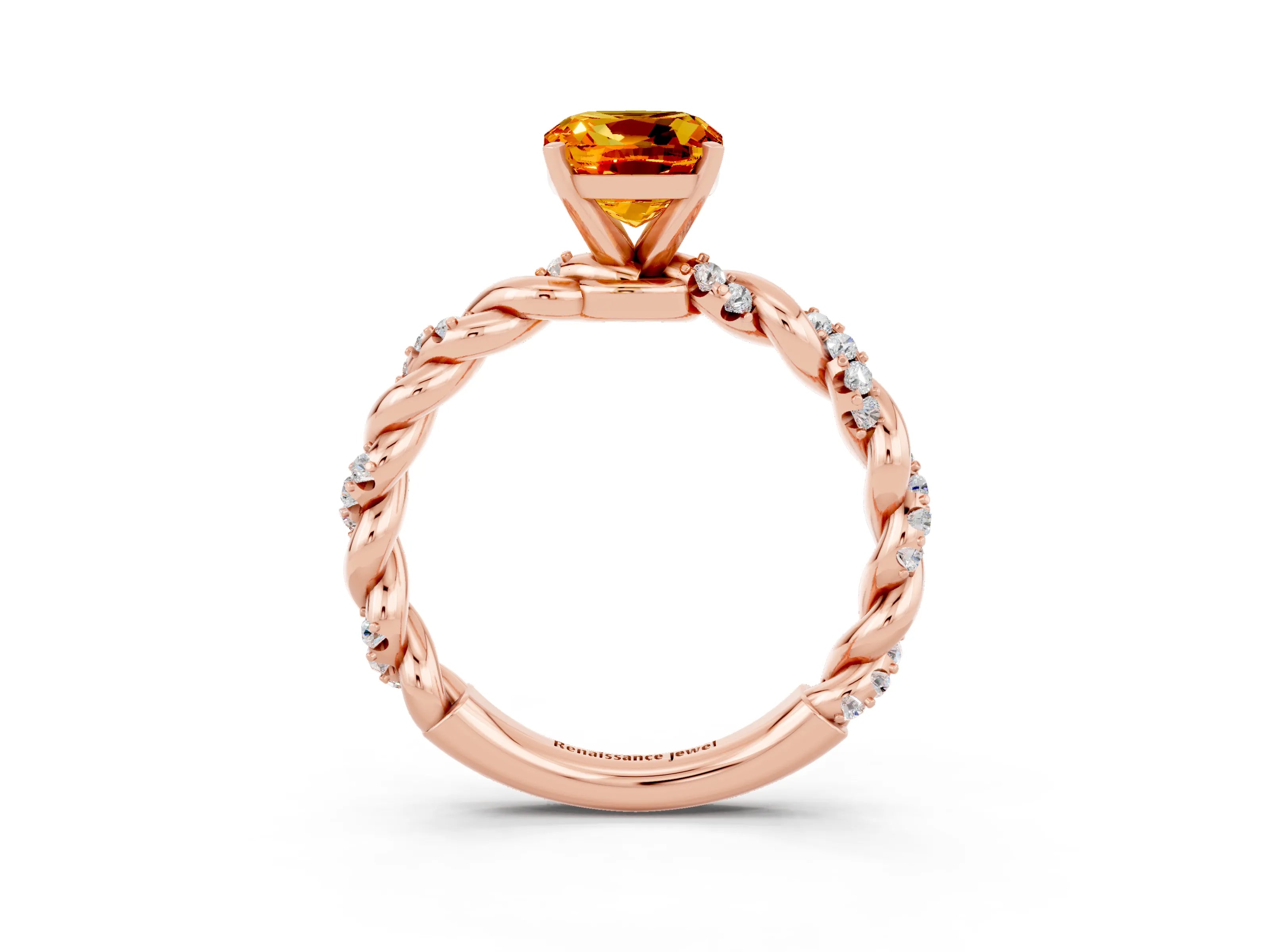 Rose gold Cushion Cut Citrine Solitaire Ring with Twisted Band and Pavé Accents_3