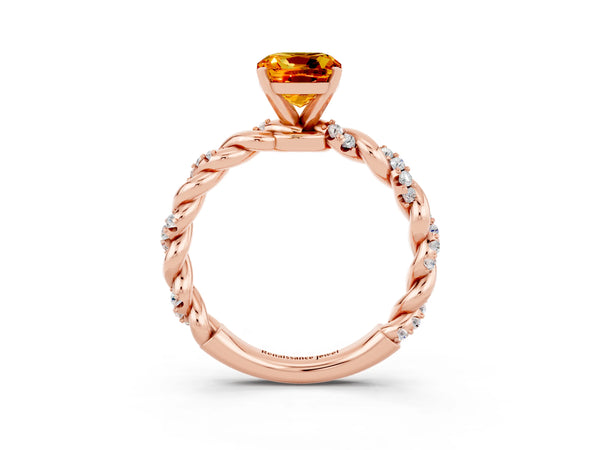 Rose gold Cushion Cut Citrine Solitaire Ring with Twisted Band and Pavé Accents
