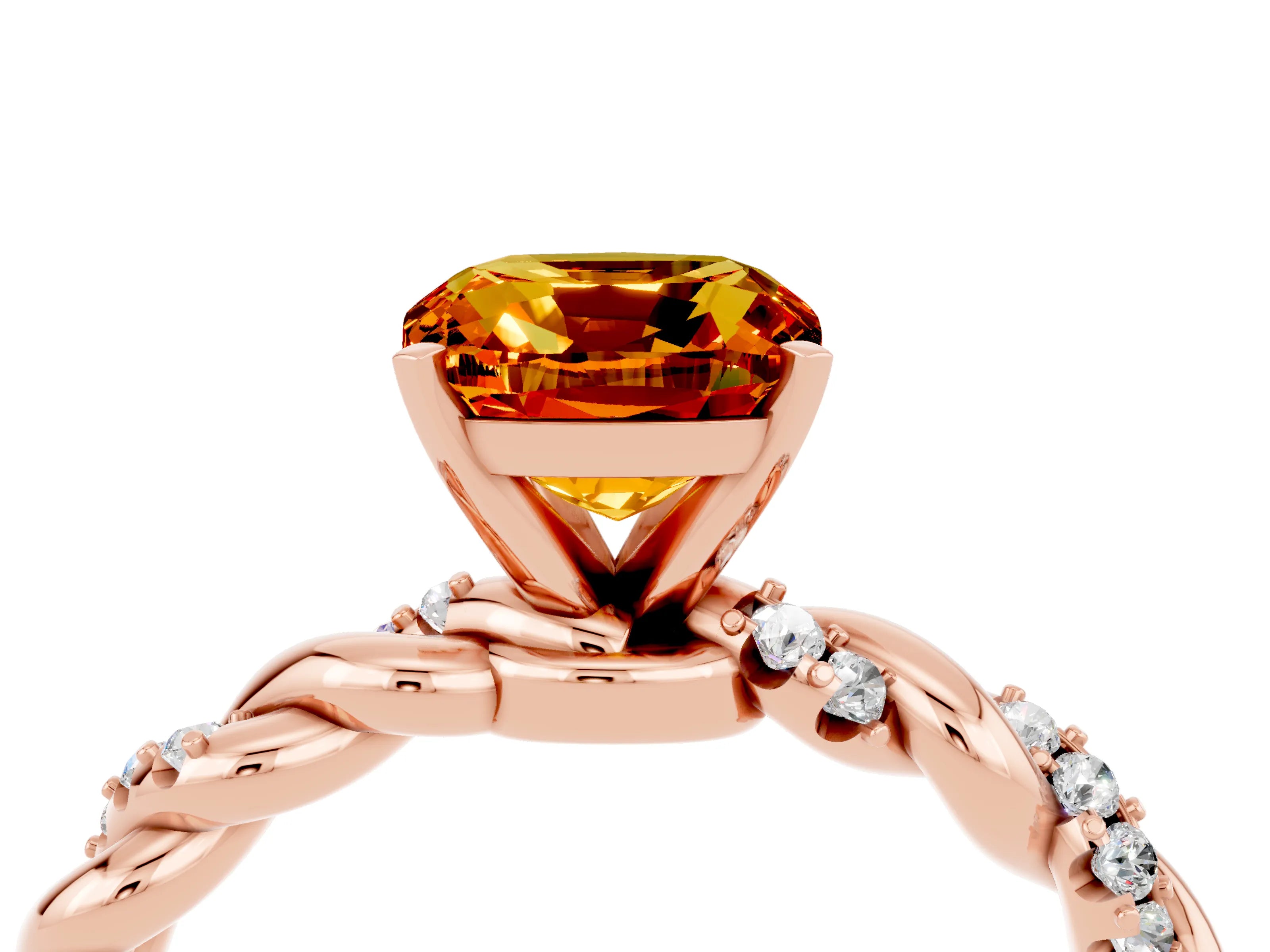 Rose gold Cushion Cut Citrine Solitaire Ring with Twisted Band and Pavé Accents_4