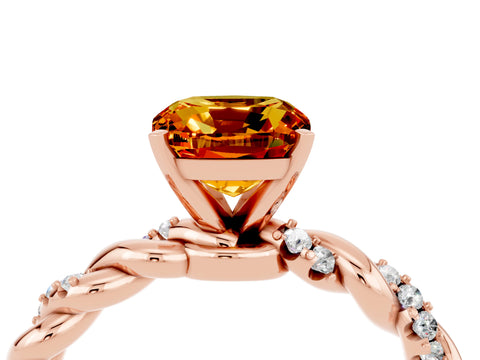 Rose gold Cushion Cut Citrine Solitaire Ring with Twisted Band and Pavé Accents_4