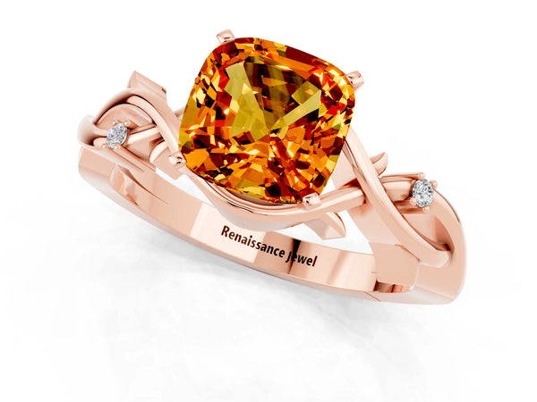 Rose gold Cushion Cut Citrine Solitaire Ring with Twisted Band and Prong Setting