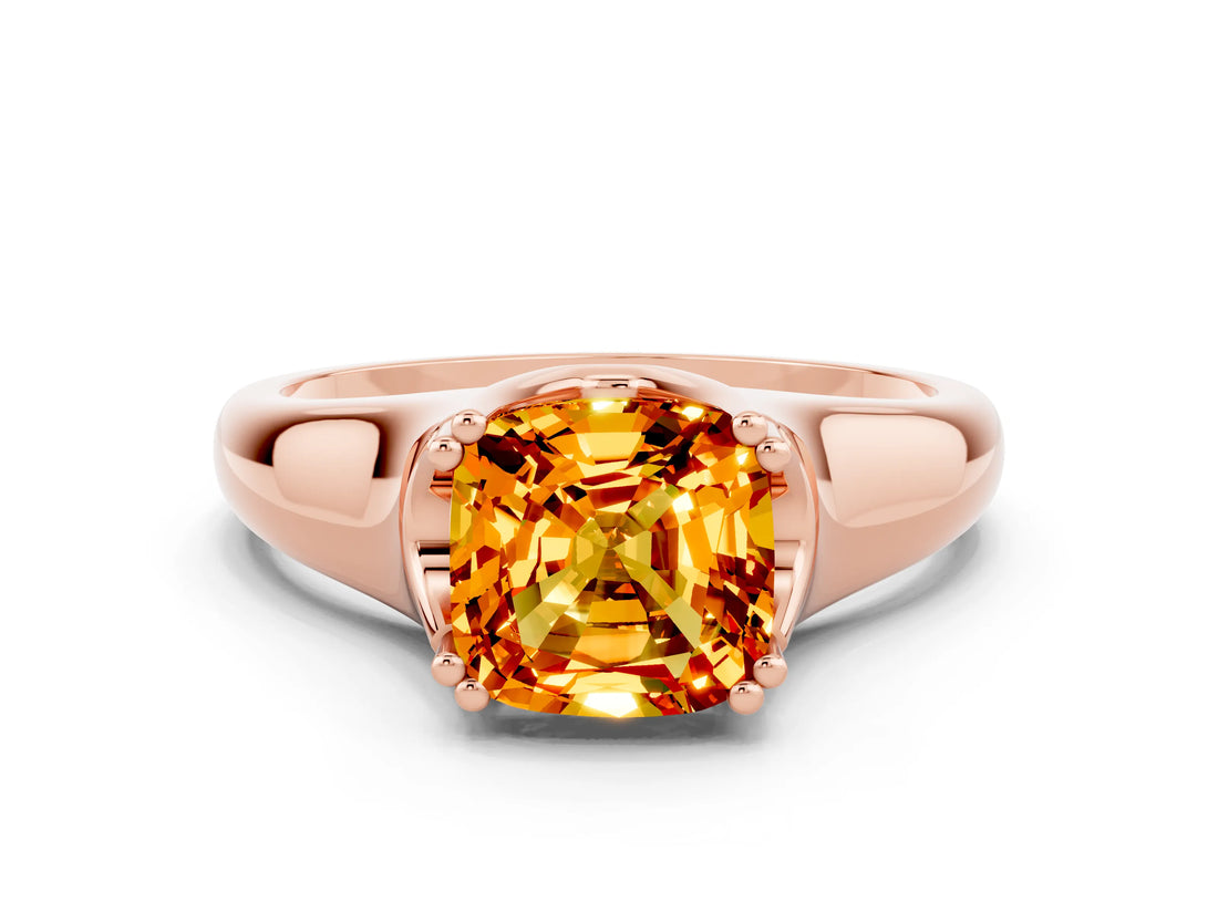 Rose gold Cushion Cut Citrine Solitaire Ring with Wide Band and Prong Setting