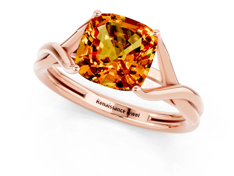 Rose gold Cushion Cut Citrine Solitaire Twist Band Prong Setting Ring_25