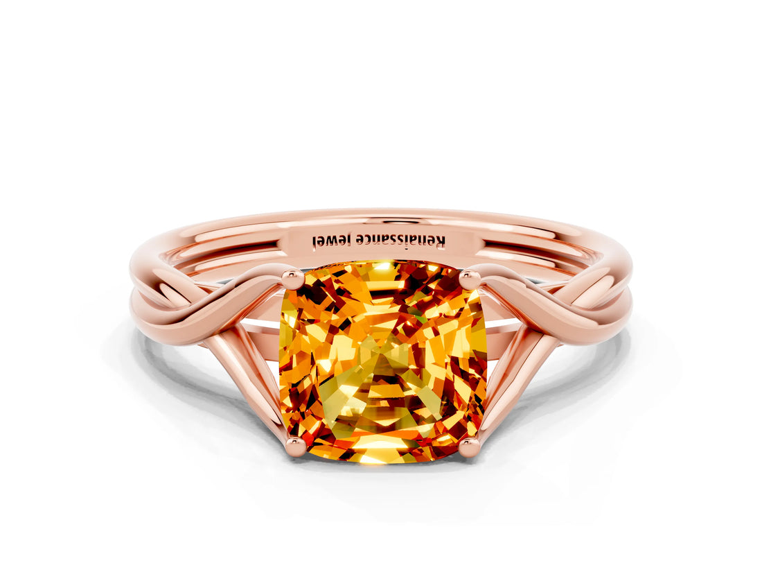 Rose gold Cushion Cut Citrine Solitaire Twist Band Prong Setting Ring_45