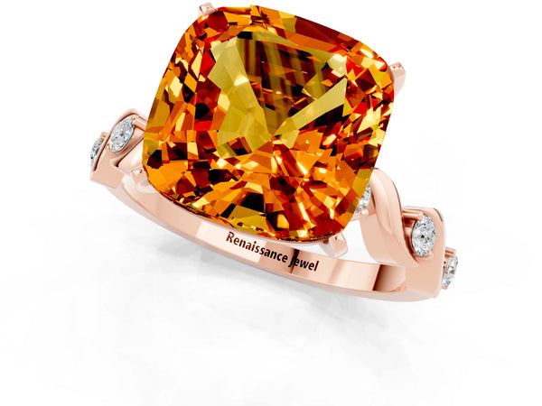 Rose gold Cushion Cut Citrine Solitaire Twisted Band with Round  Accents and Prong Setting