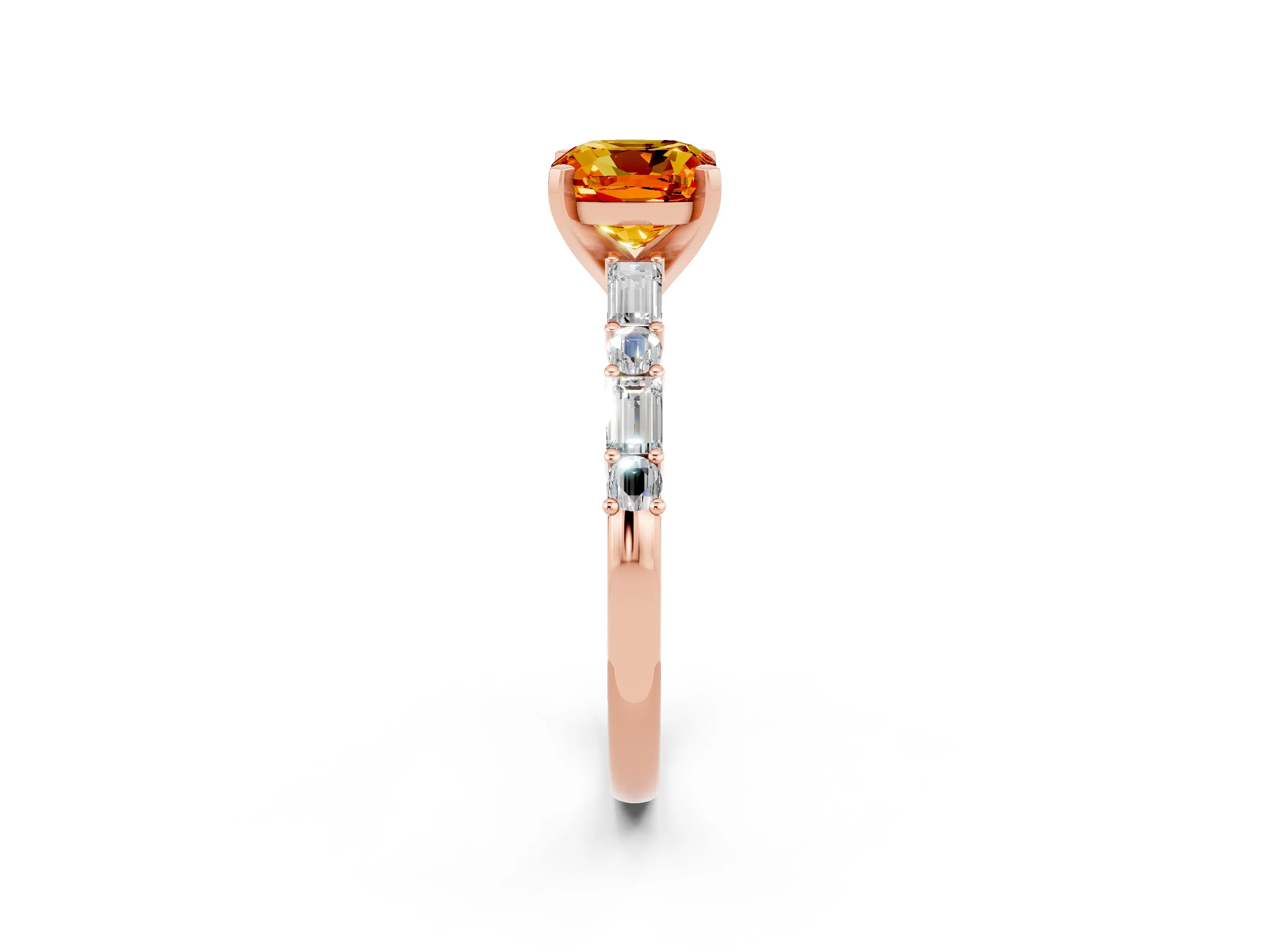 Rose gold Cushion Cut Citrine Solitaire with Side Baguettes and Channel Set Band_2