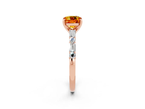 Rose gold Cushion Cut Citrine Solitaire with Side Baguettes and Channel Set Band_2