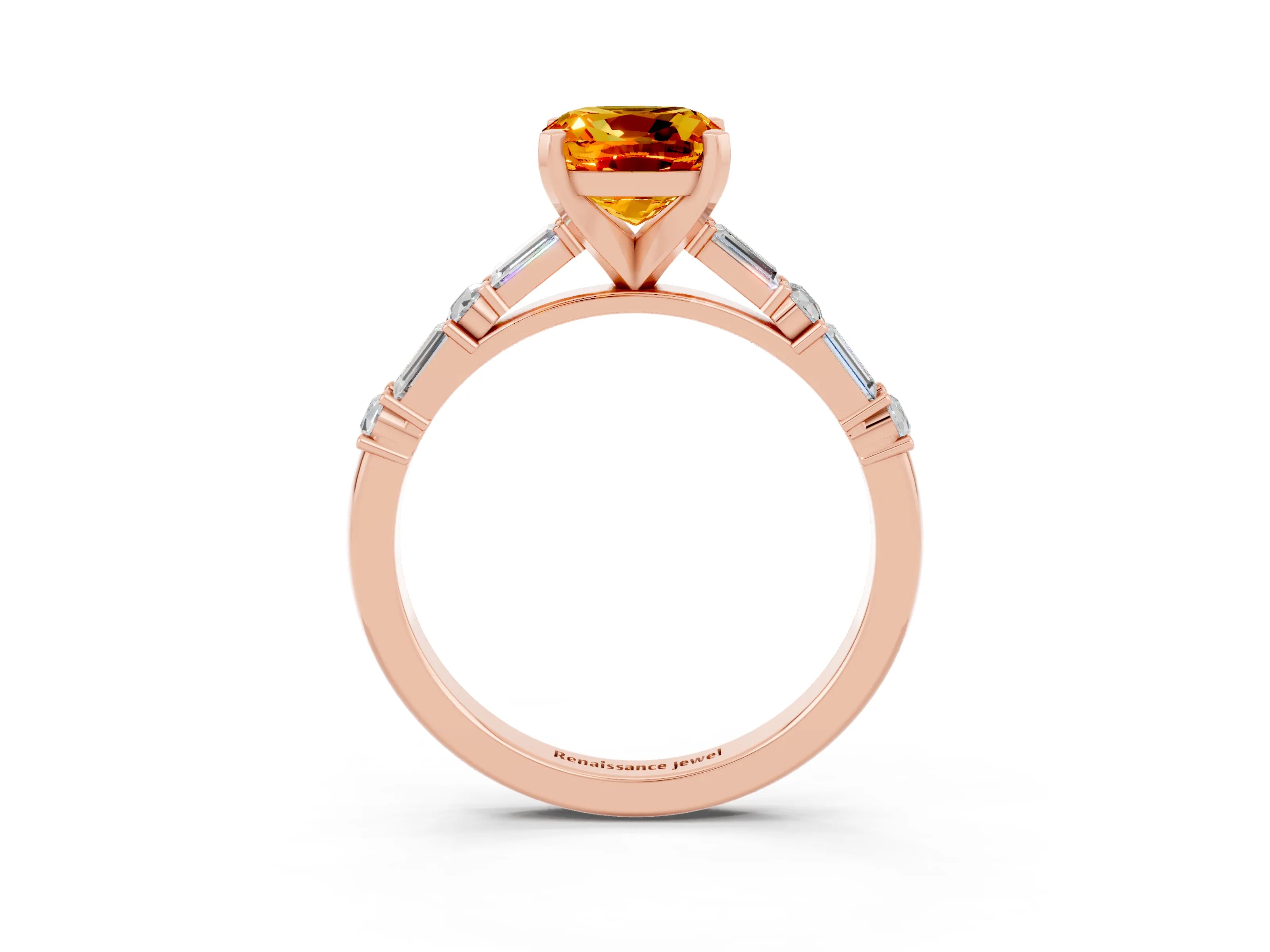 Rose gold Cushion Cut Citrine Solitaire with Side Baguettes and Channel Set Band_3