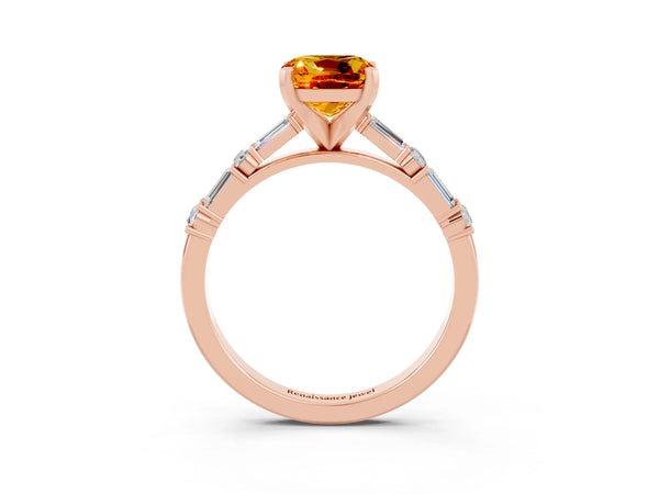 Rose gold Cushion Cut Citrine Solitaire with Side Baguettes and Channel Set Band