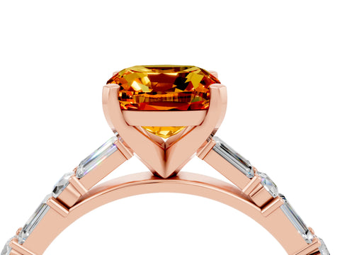 Rose gold Cushion Cut Citrine Solitaire with Side Baguettes and Channel Set Band_4