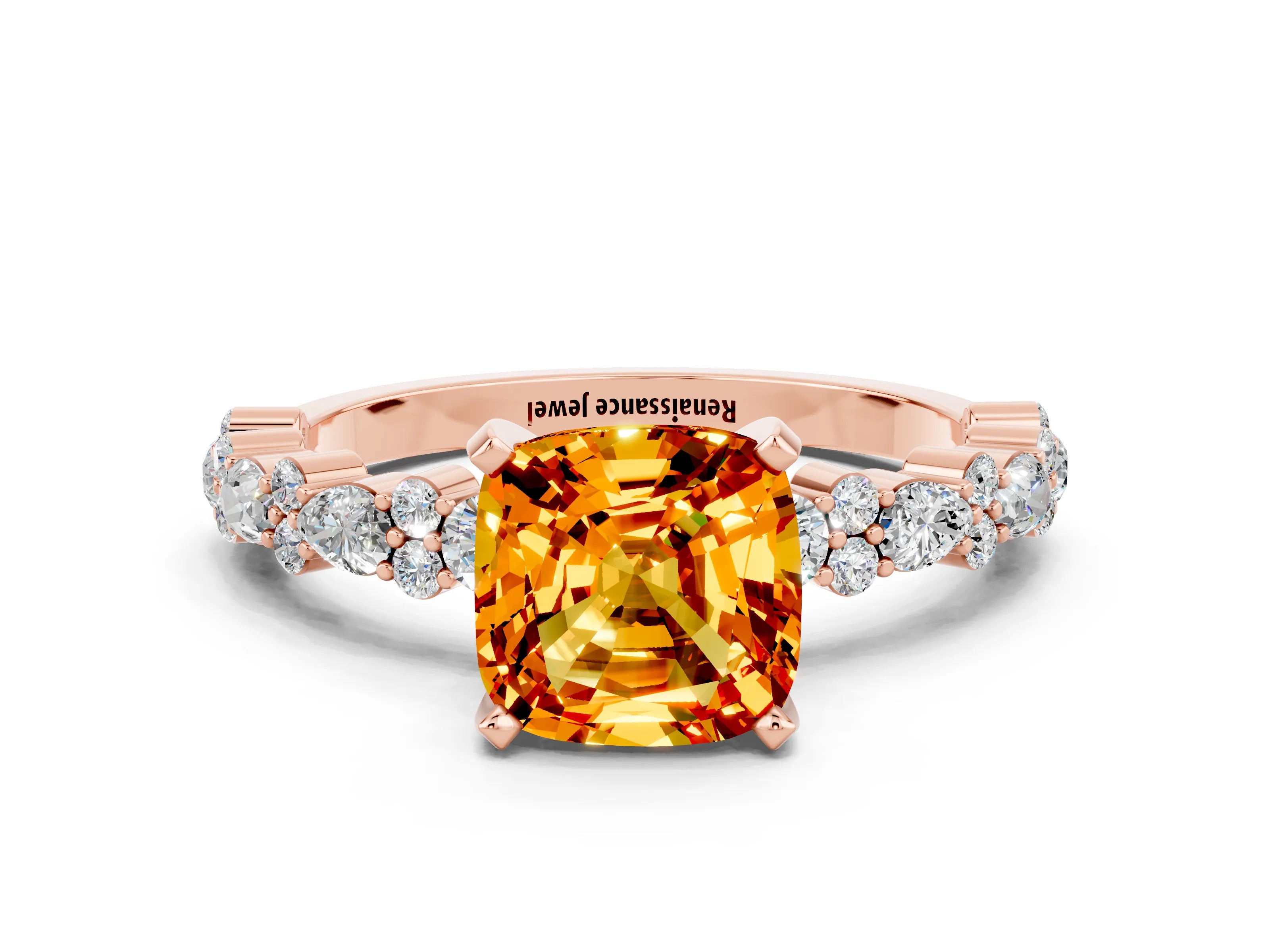 Rose gold Cushion Cut Citrine Solitaire with Side Stones, Pave Band, Four-Prong Setting_36