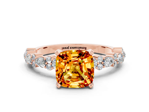 Rose gold Cushion Cut Citrine Solitaire with Side Stones, Pave Band, Four-Prong Setting_36