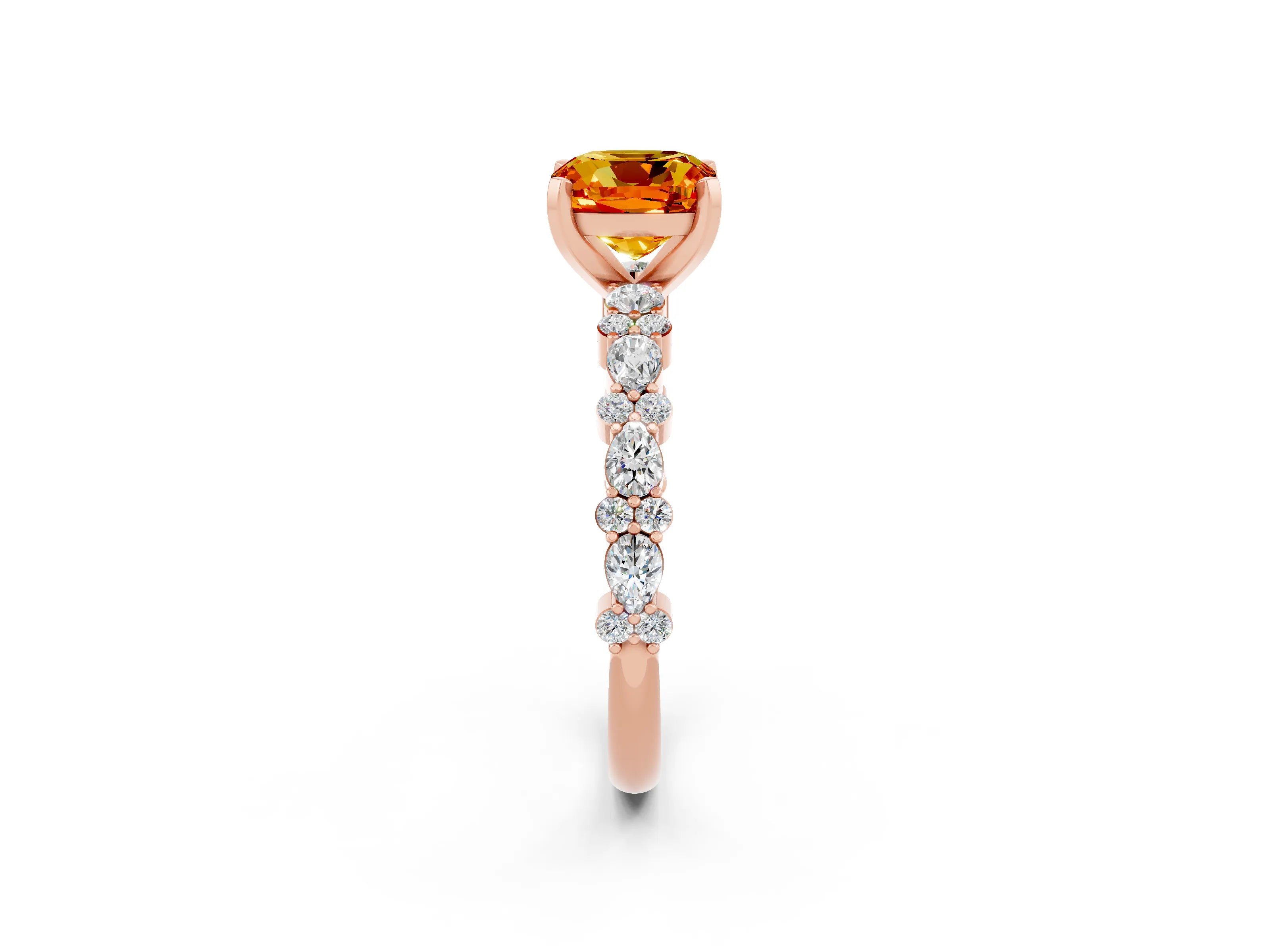 Rose gold Cushion Cut Citrine Solitaire with Side Stones, Pave Band, Four-Prong Setting_38
