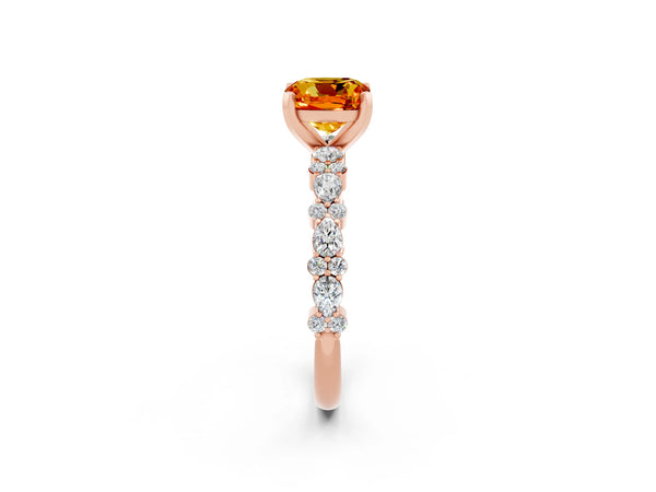 Rose gold Cushion Cut Citrine Side Stone Solitaire Ring with Round  and Four-Prong Setting