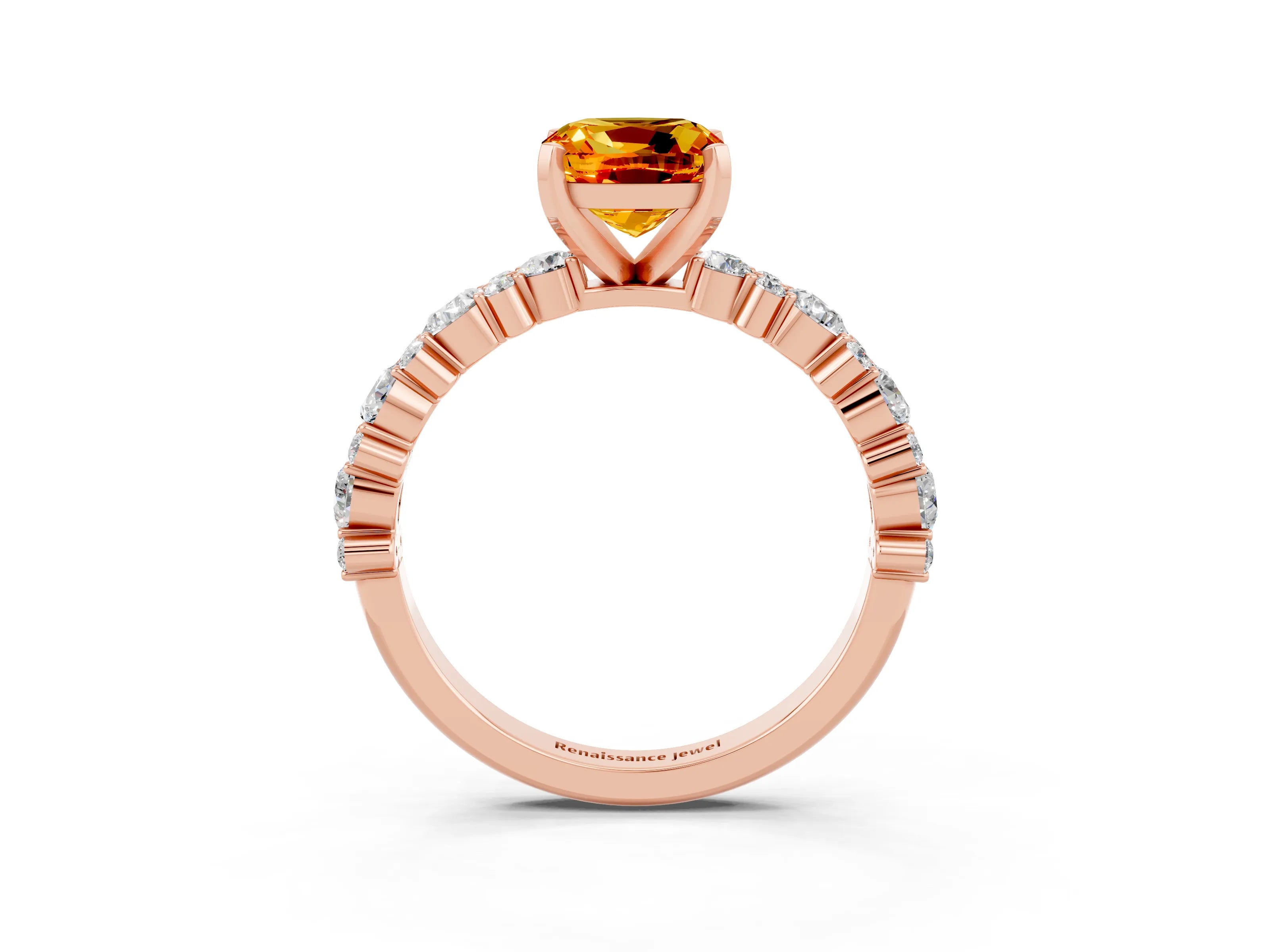 Rose gold Cushion Cut Citrine Solitaire with Side Stones, Pave Band, Four-Prong Setting_39