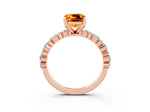 Rose gold Cushion Cut Citrine Side Stone Solitaire Ring with Round  and Four-Prong Setting
