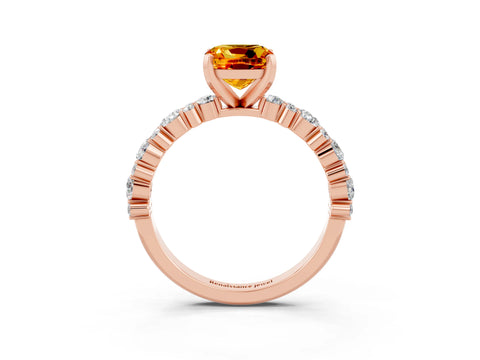 Rose gold Cushion Cut Citrine Solitaire with Side Stones, Pave Band, Four-Prong Setting_39