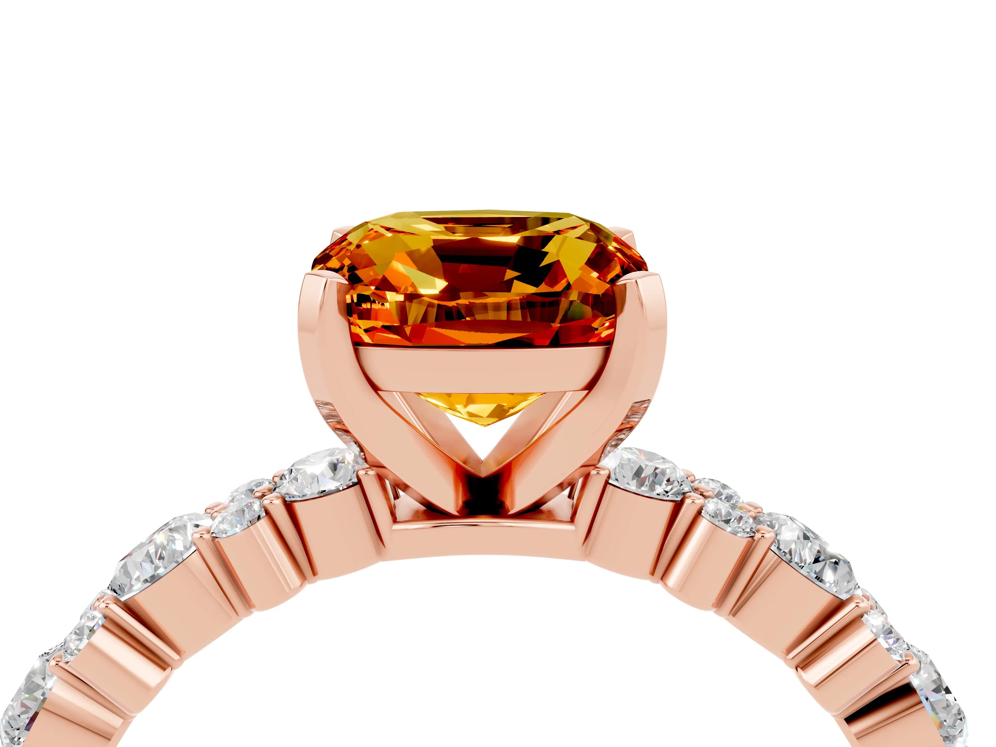 Rose gold Cushion Cut Citrine Solitaire with Side Stones, Pave Band, Four-Prong Setting_40