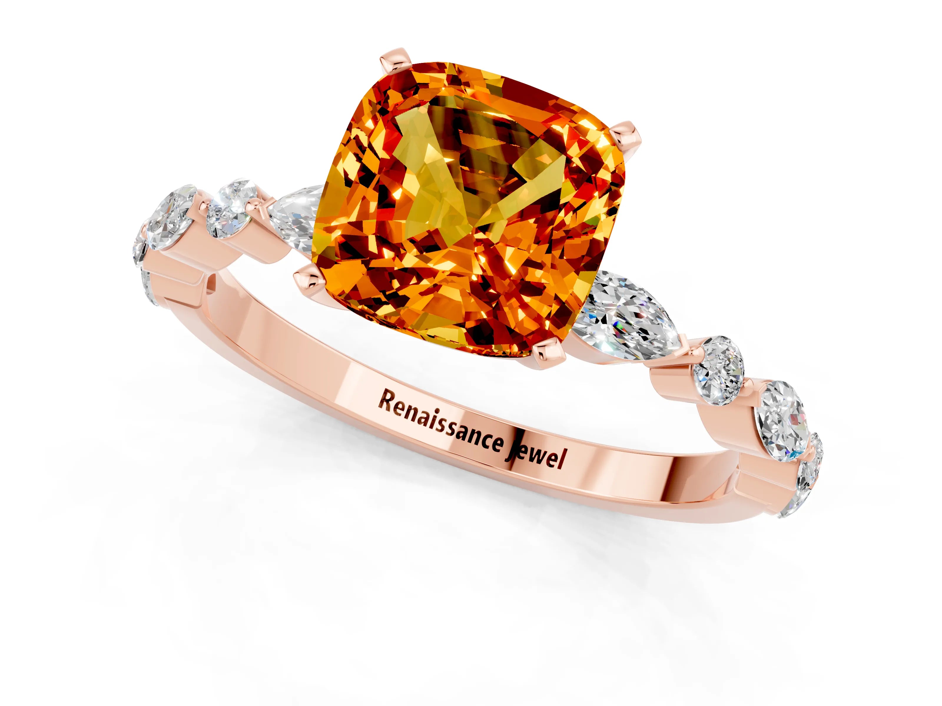 Rose gold Cushion Cut Citrine Solitaire with Side Stones on a Pavé Band and Four-Prong Setting_1