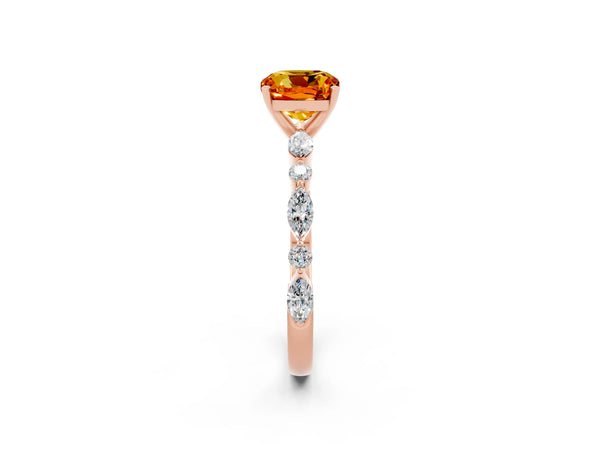 Rose gold Cushion Cut Citrine Ring with Marquise and Round  Side Stones and Four-Prong Setting