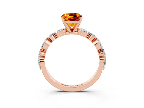 Rose gold Cushion Cut Citrine Solitaire with Side Stones on a Pavé Band and Four-Prong Setting_3