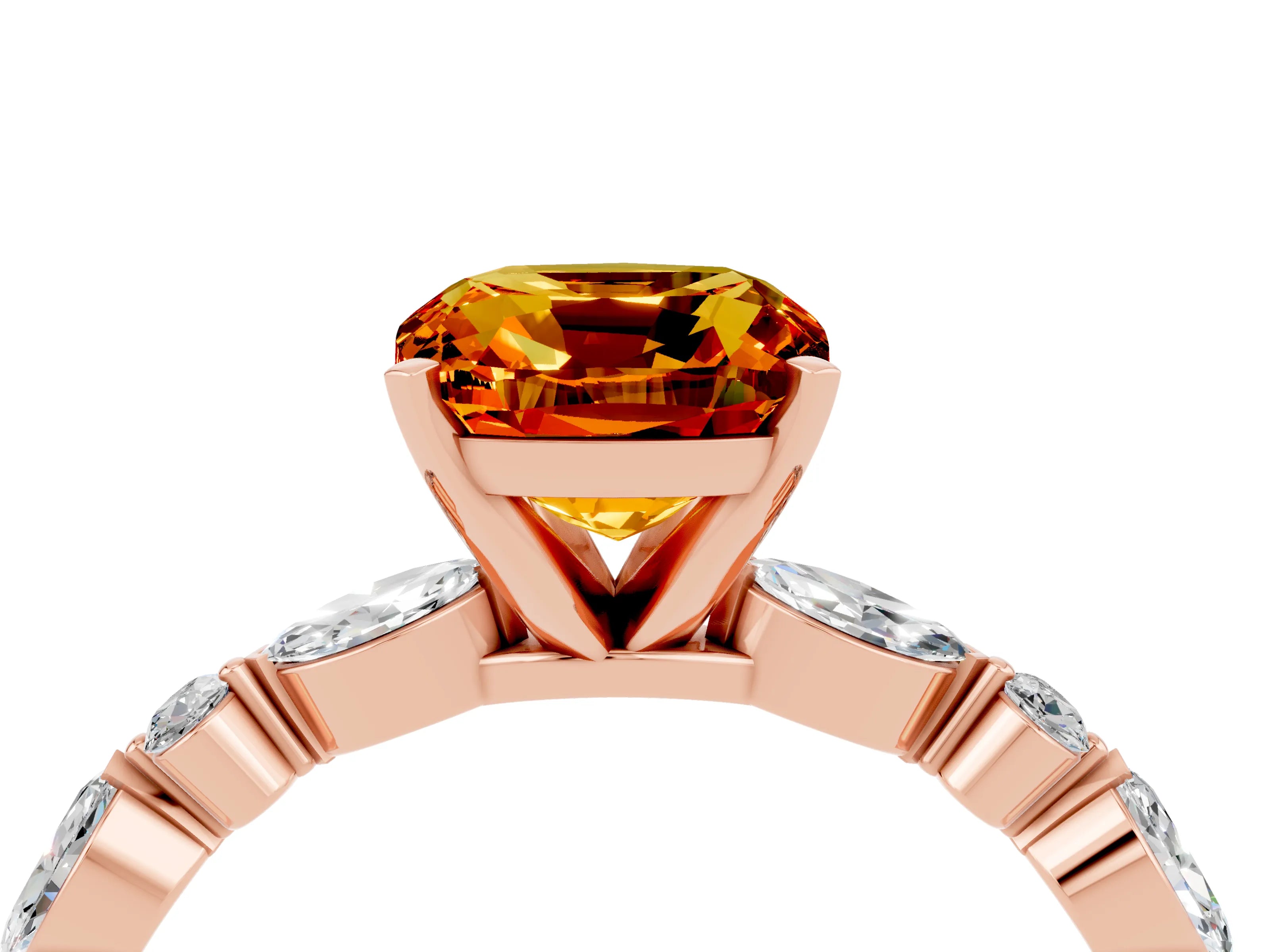 Rose gold Cushion Cut Citrine Solitaire with Side Stones on a Pavé Band and Four-Prong Setting_4