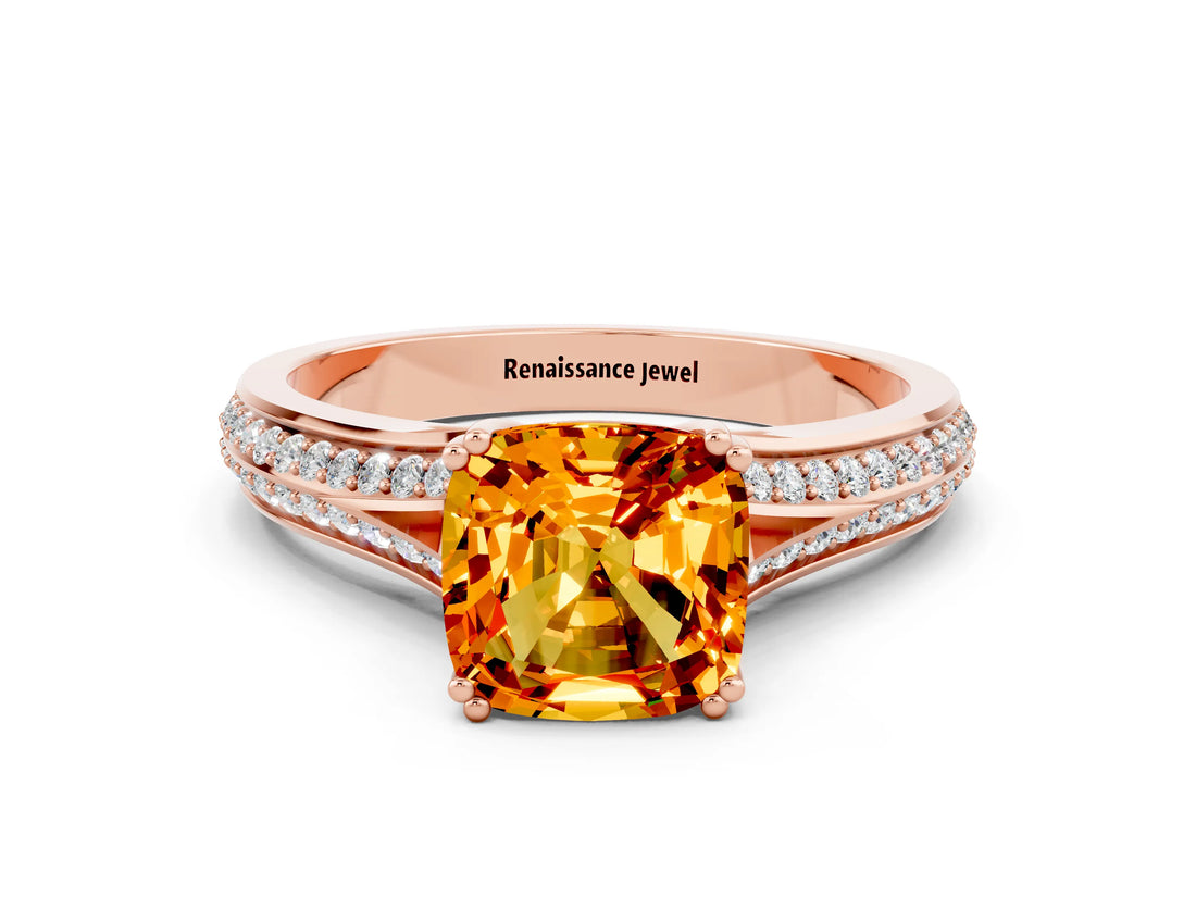 Rose gold Cushion Cut Citrine Split Shank Engagement Ring with Pavé Band