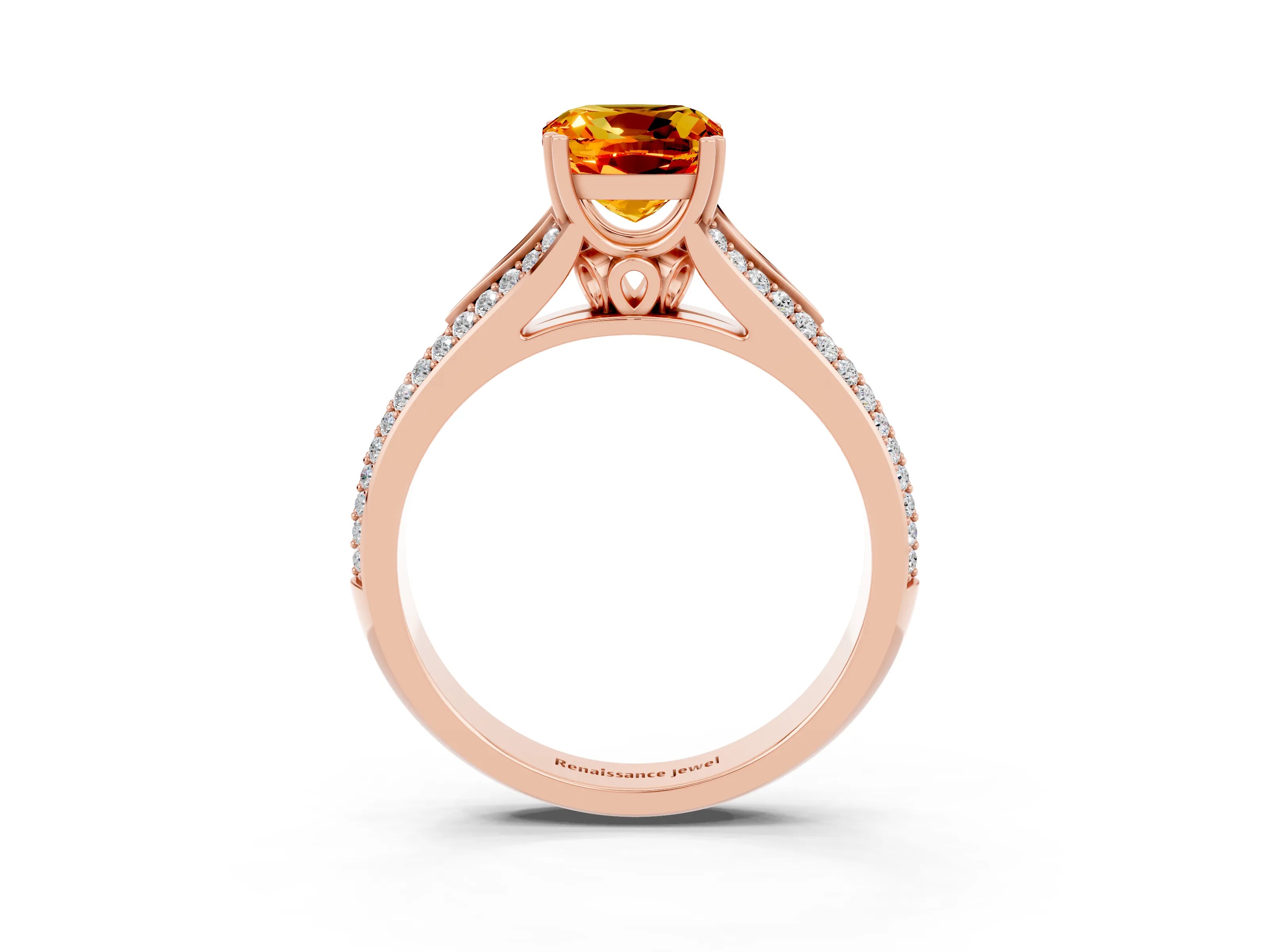 Rose gold Cushion Cut Citrine Split Shank Engagement Ring with Pavé Band_3