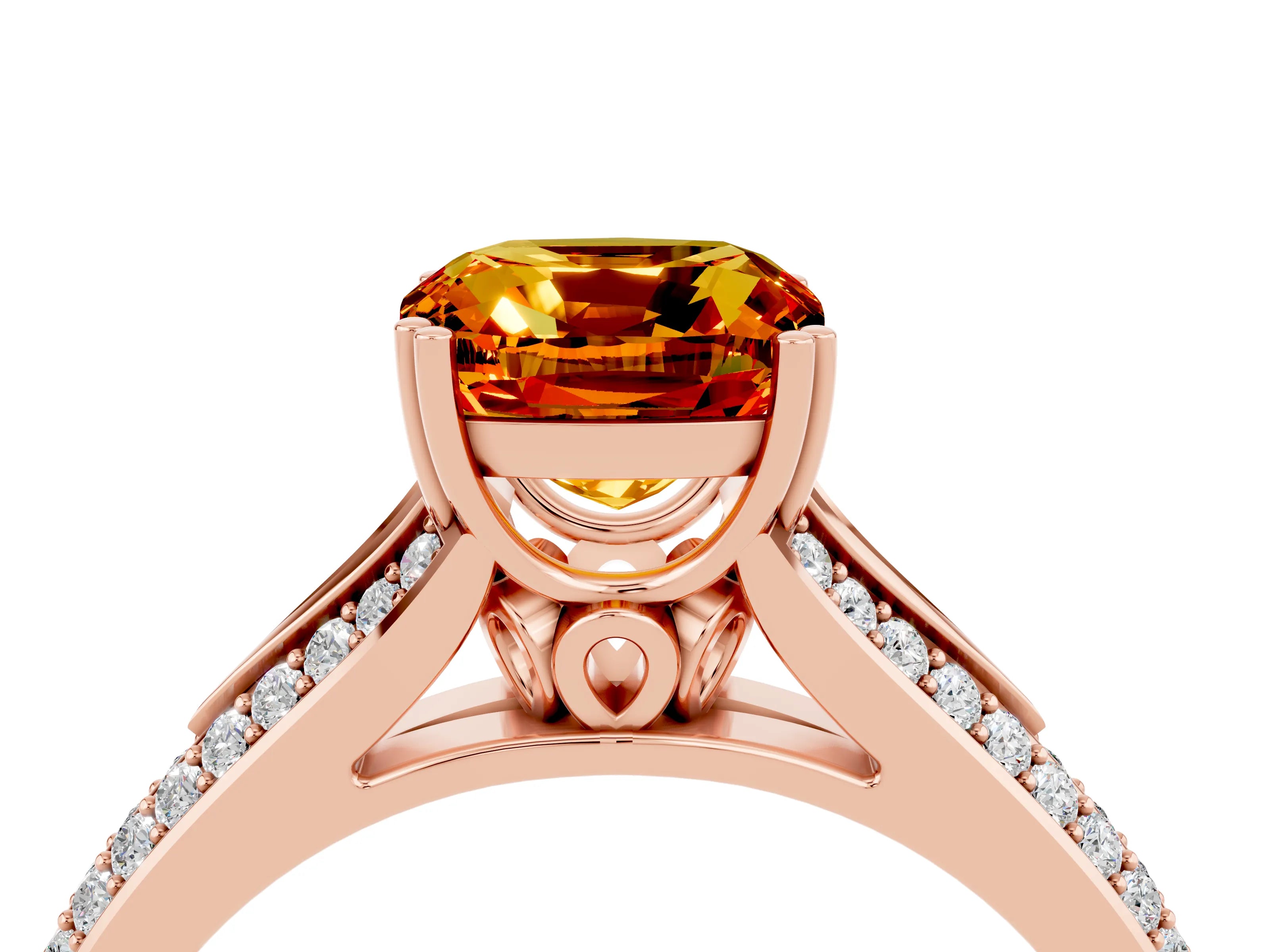 Rose gold Cushion Cut Citrine Split Shank Engagement Ring with Pavé Band_4