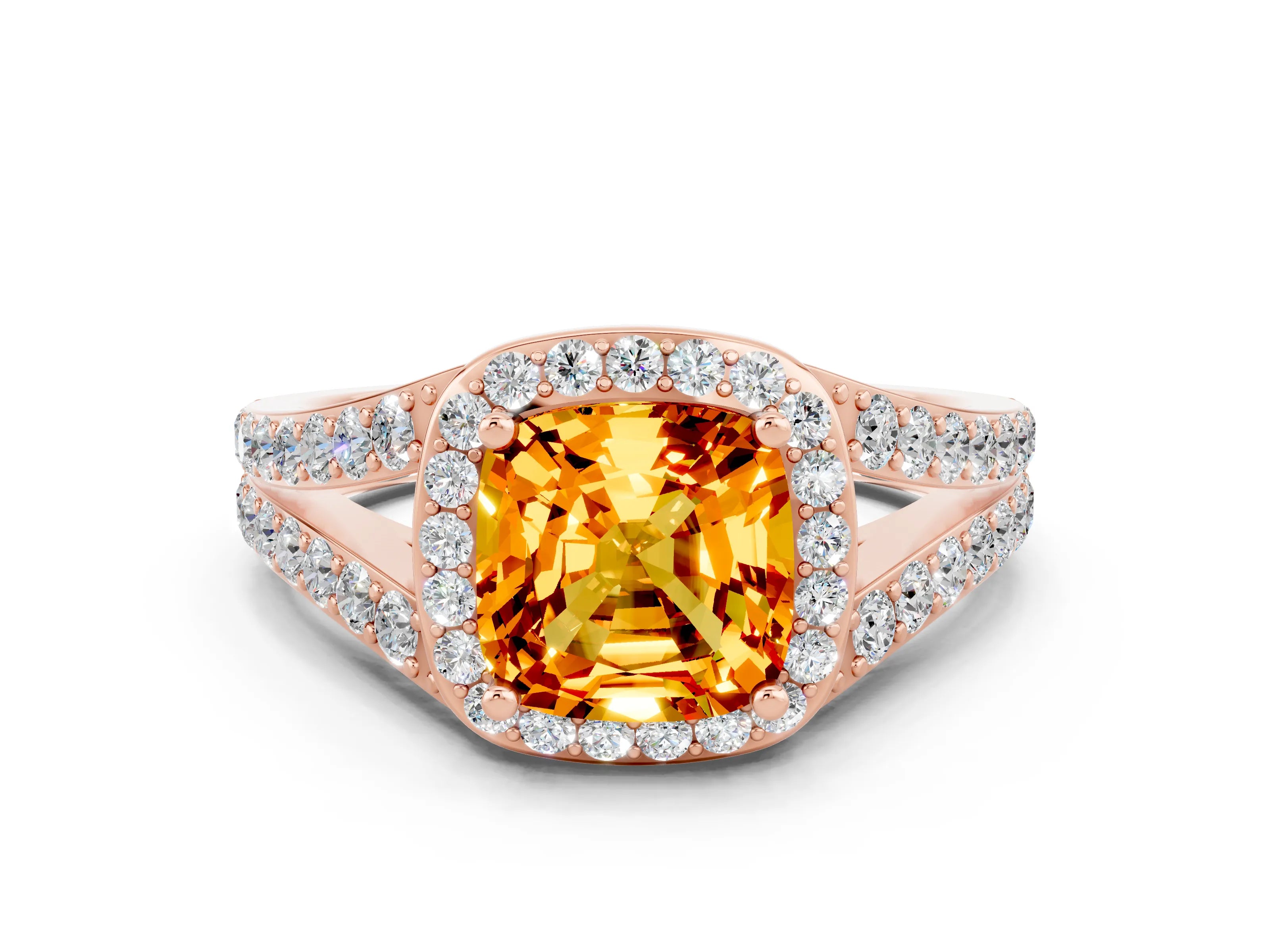 Rose gold Cushion Cut Citrine Split Shank Halo Ring with Four-Prong Setting_12