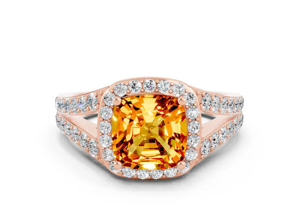 Rose gold Cushion Cut Citrine Split Shank Halo Ring with Four-Prong Setting