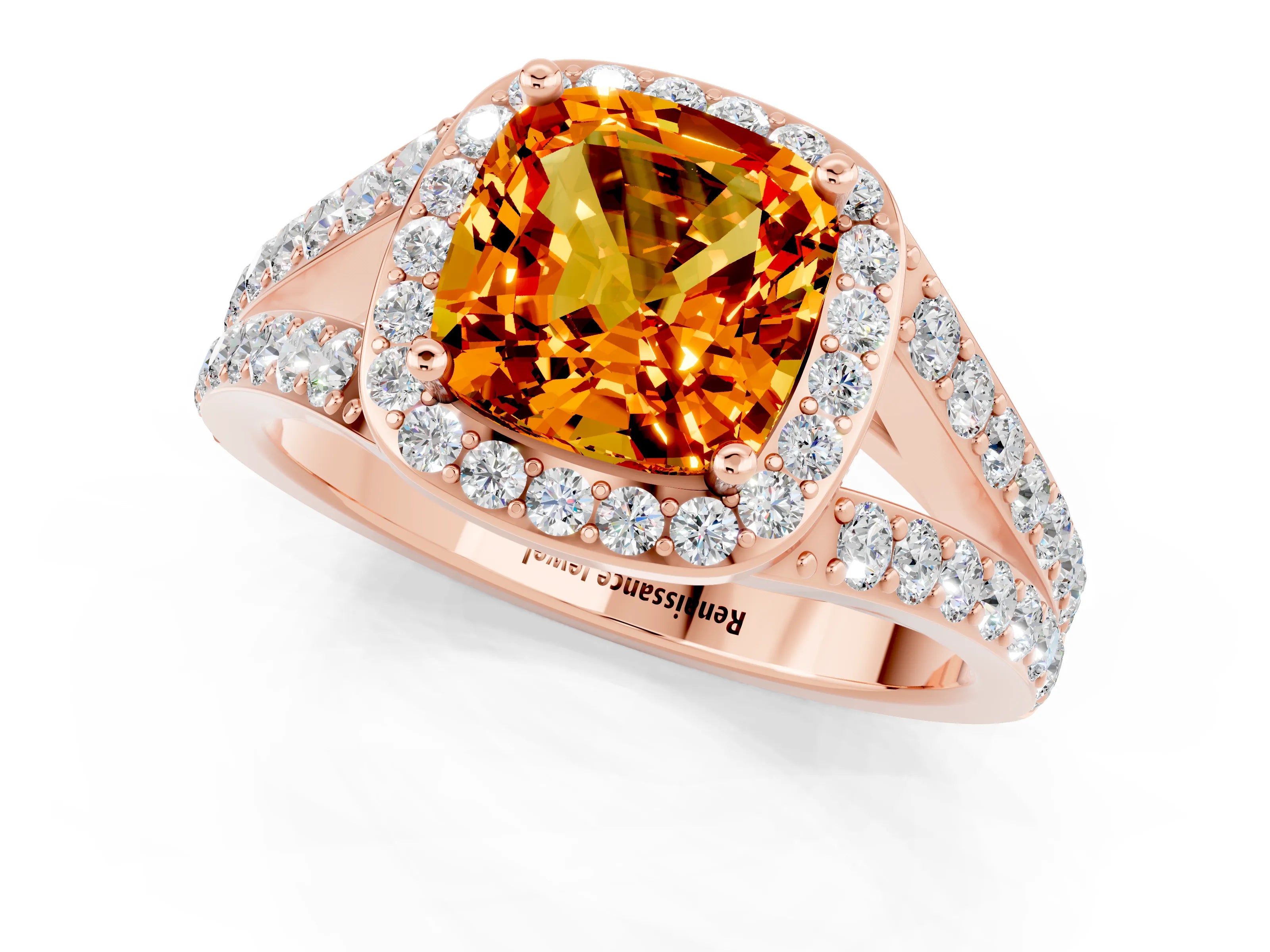 Rose gold Cushion Cut Citrine Split Shank Halo Ring with Four-Prong Setting_13
