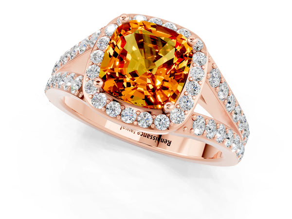 Rose gold Cushion Cut Citrine Split Shank Halo Ring with Four-Prong Setting