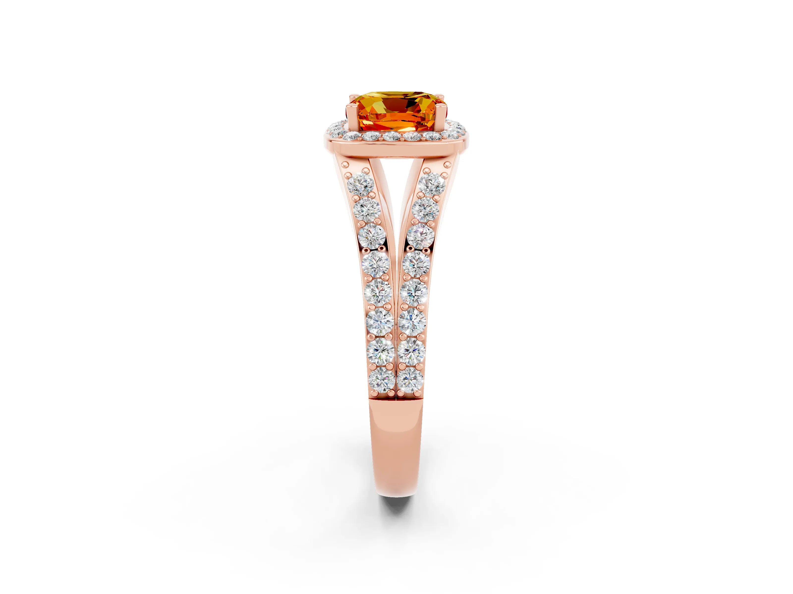 Rose gold Cushion Cut Citrine Split Shank Halo Ring with Four-Prong Setting_14