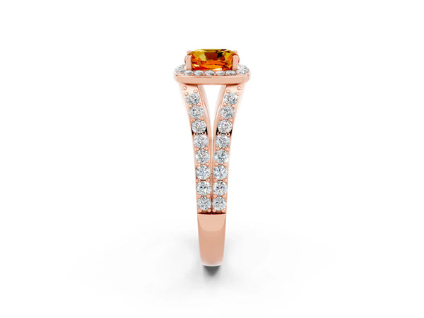 Rose gold Cushion Cut Citrine Split Shank Halo Ring with Four-Prong Setting