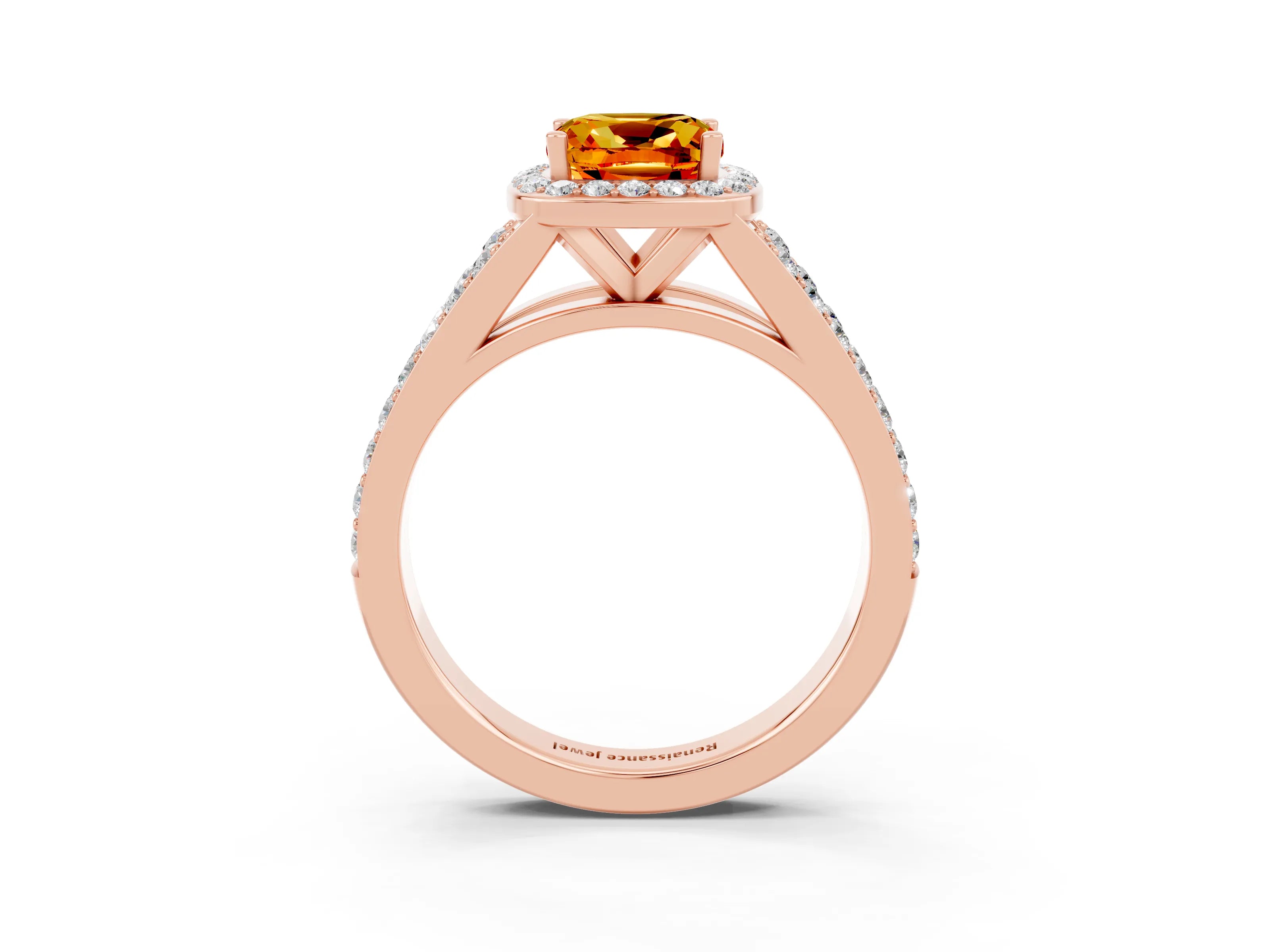 Rose gold Cushion Cut Citrine Split Shank Halo Ring with Four-Prong Setting_15