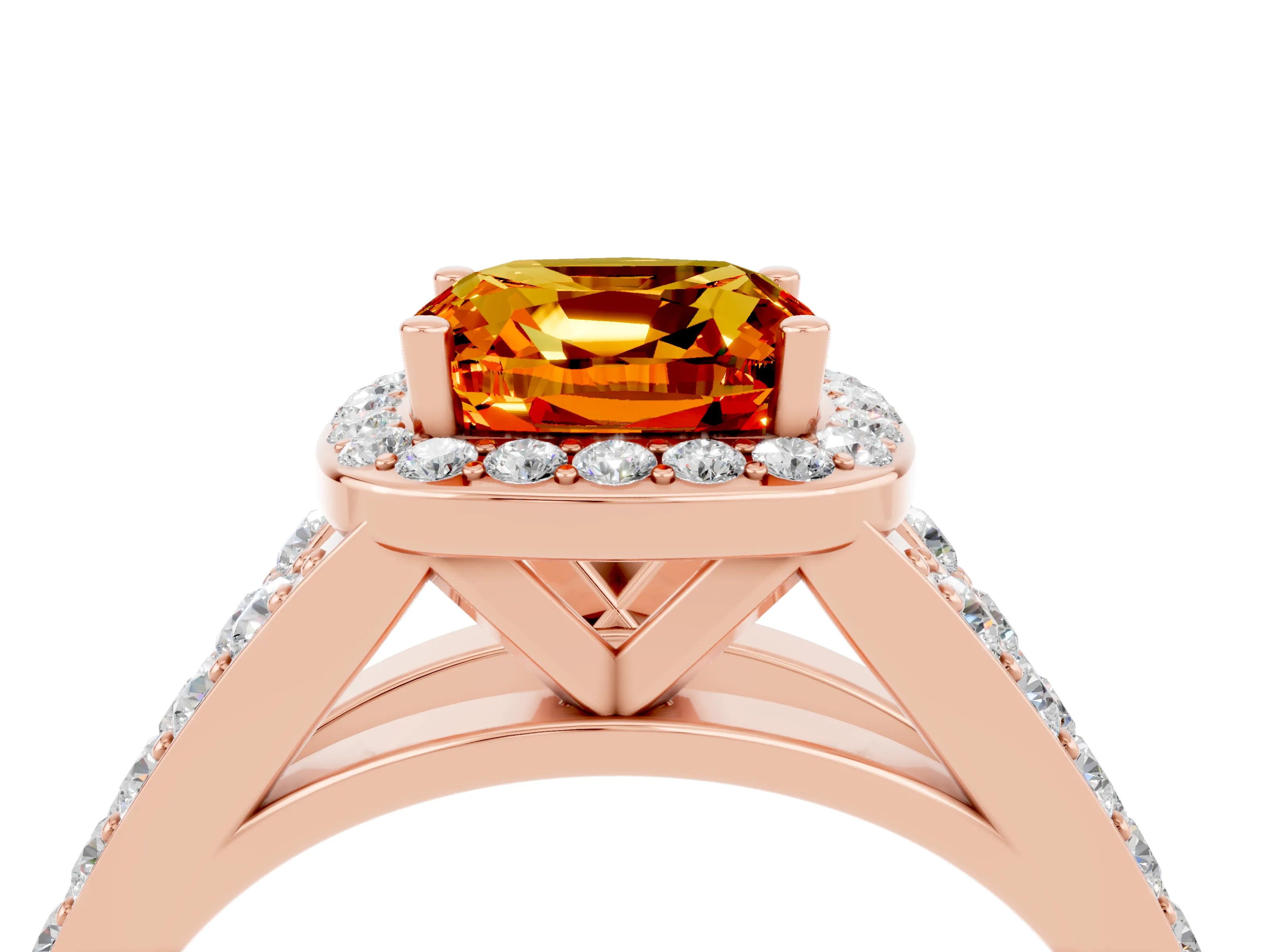 Rose gold Cushion Cut Citrine Split Shank Halo Ring with Four-Prong Setting_16