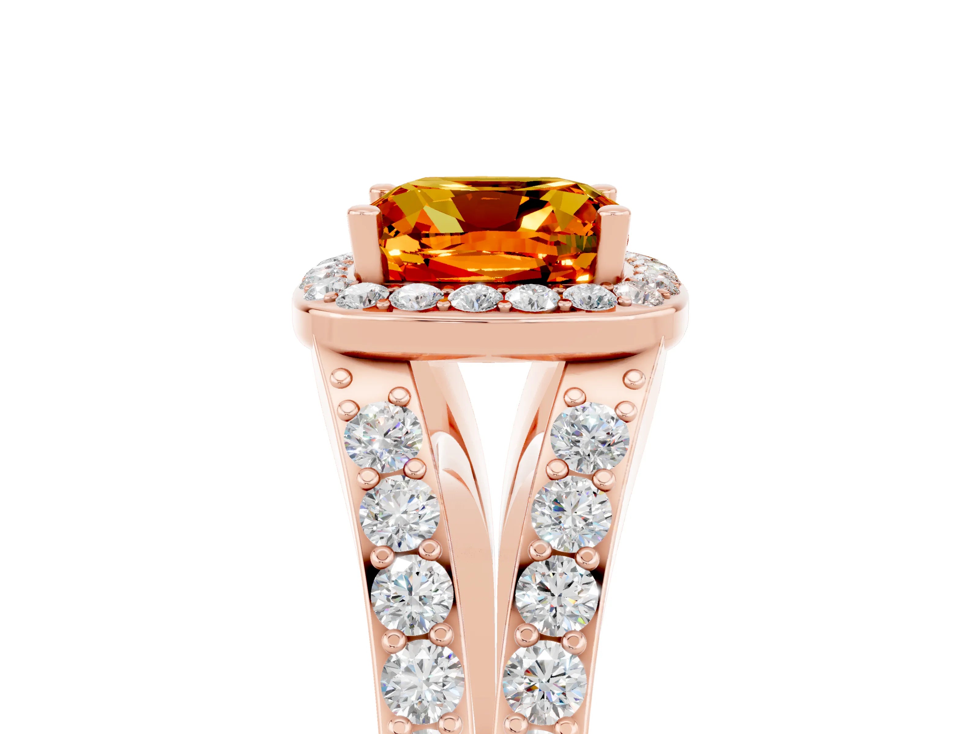 Rose gold Cushion Cut Citrine Split Shank Halo Ring with Four-Prong Setting_17