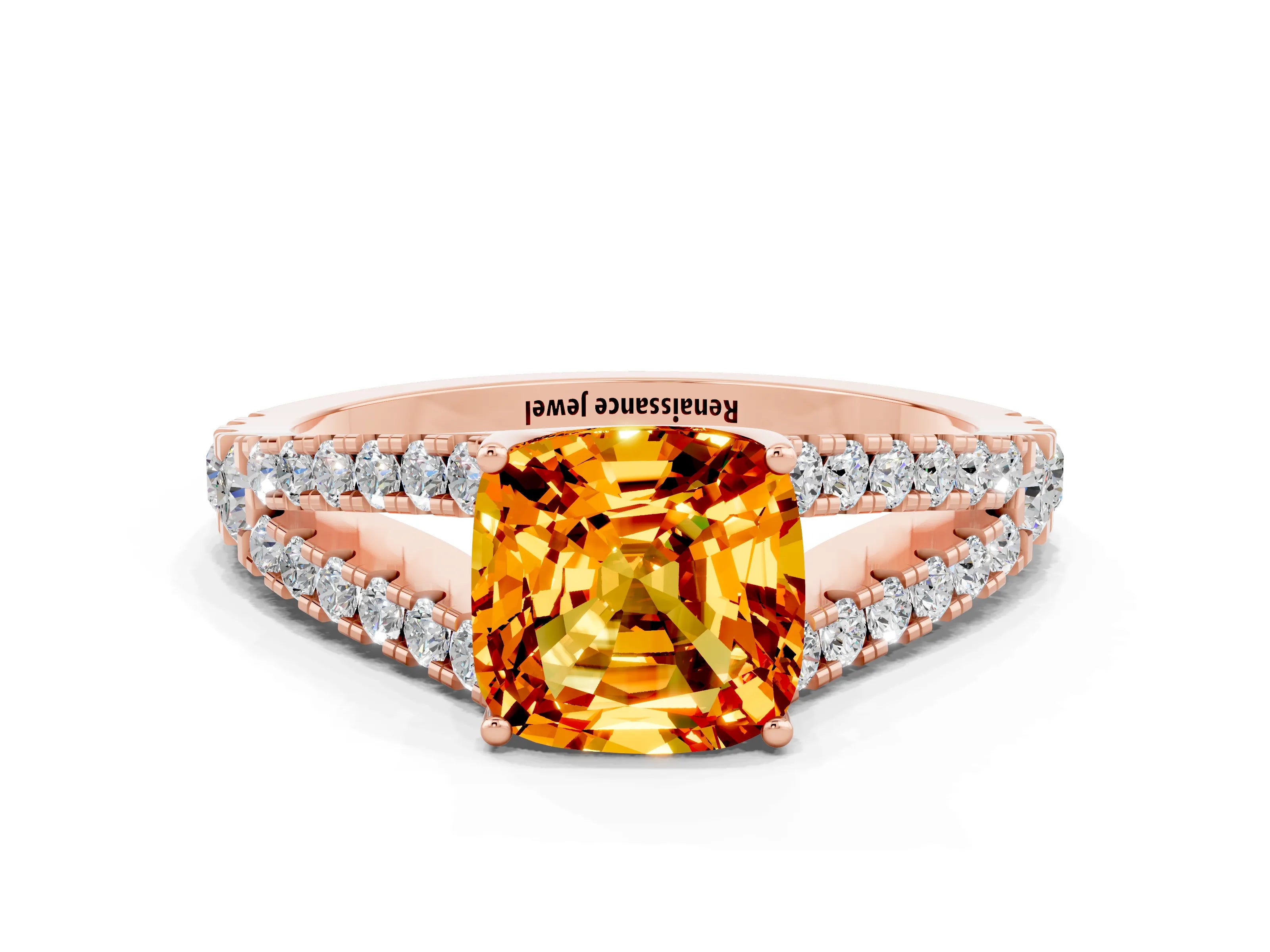 Rose gold Cushion Cut Citrine Split Shank Pavé Engagement Ring with Four-Prong Setting_12